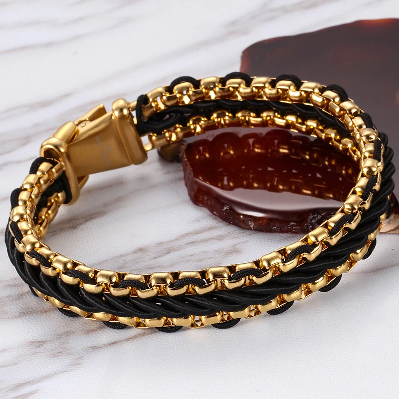 KALEN Fashion Gold Plating Stainless Steel Charm Bangle Leather Bracelet For Men KB76206-BD