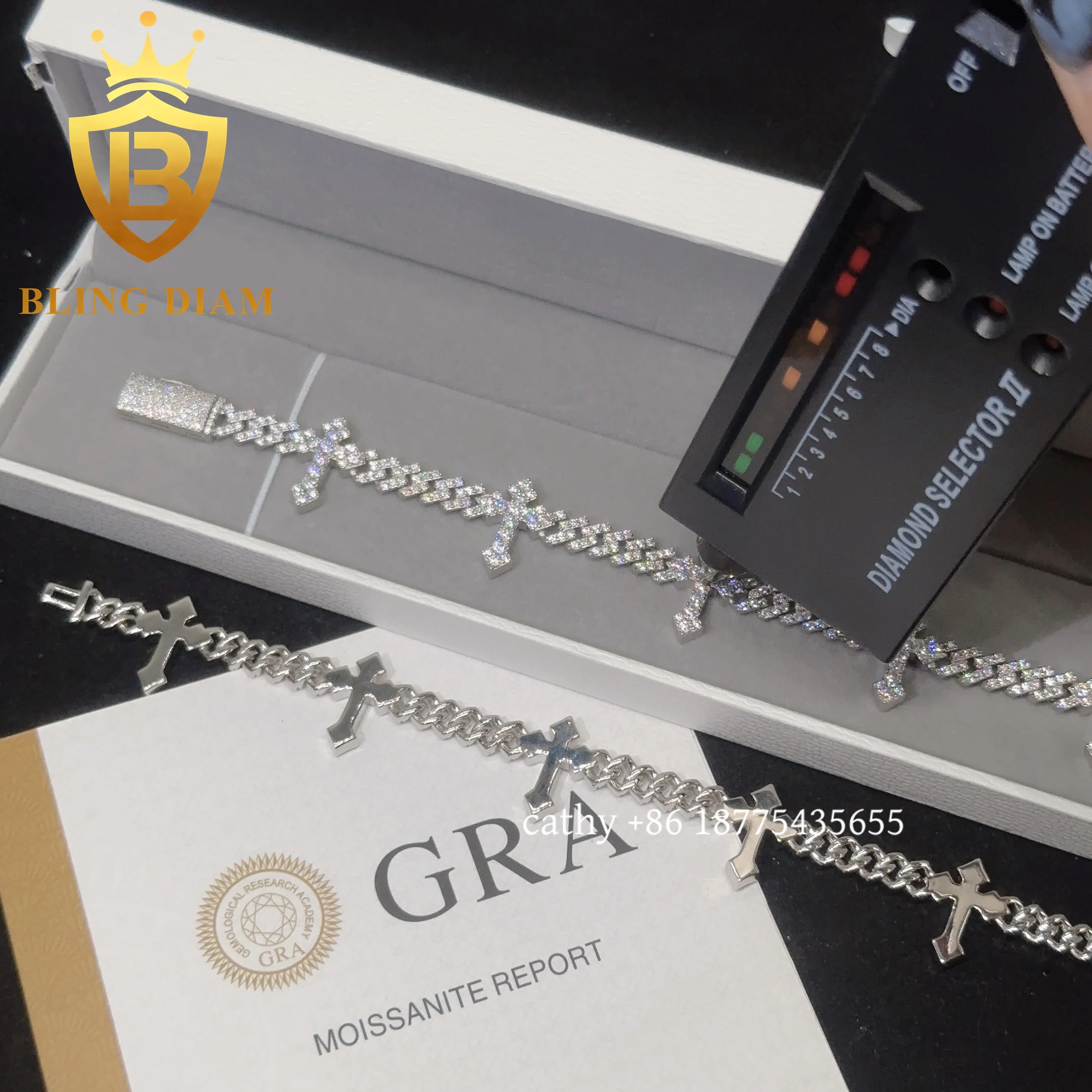 Solid Silver 6mm Cross Hip Hop Cross Cuban Bracelet for men women Fashion Moissanite  Cross Cuban Link Chain Bracelet
