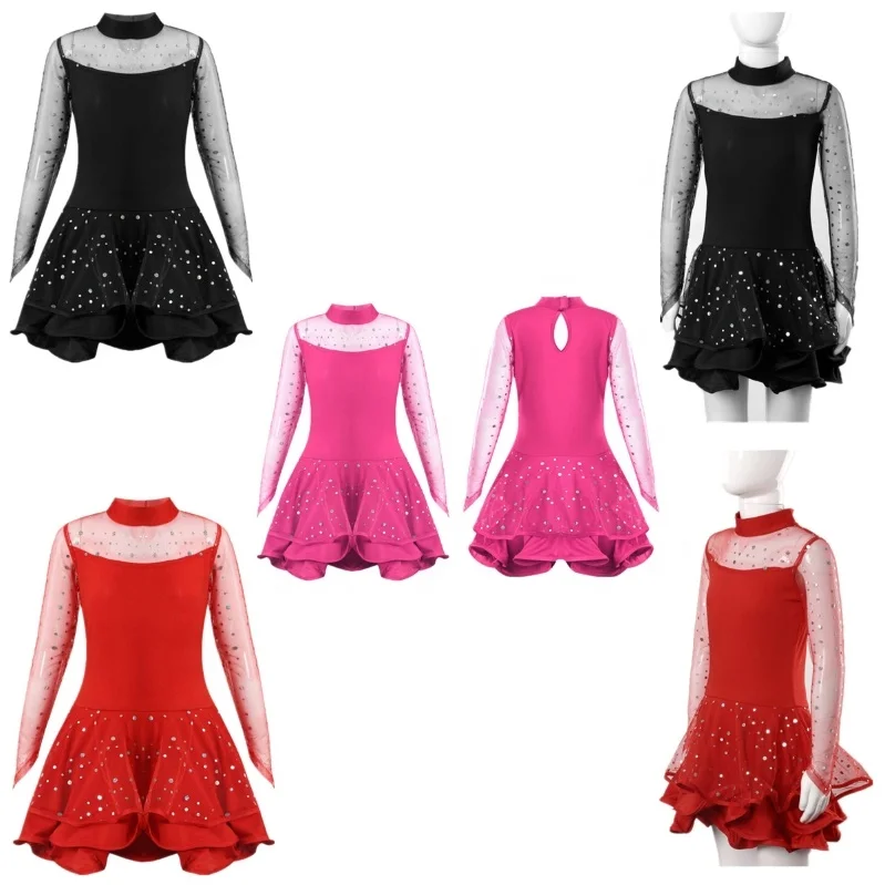 
Girls See-through Mesh Long Sleeve Latin Dance Costumes Ballet Tango Rumba Ballroom Dance Dress 
