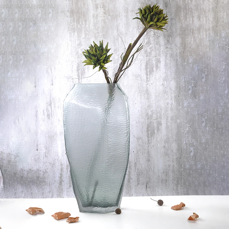 European Style Simple Cut Mouth Frosted Grey Hand Carved Glass Vase Creative Home Decoration Vase