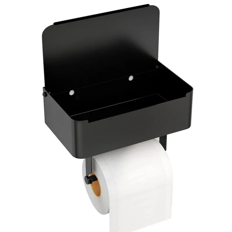 Commercial Stick on Wall Mount Chrome Tissue Box Bathroom Black Toilet Roll Paper Holder With Storage Organizer Shelf Dispenser