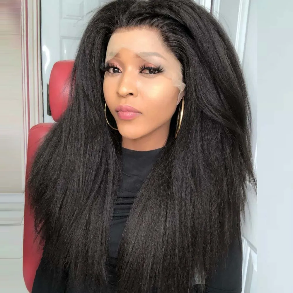 Kinky Straight Wig 180% Density Black Yaki Lace Front Wig For Women With Baby Hair