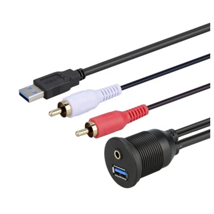 USB 3.0 & 3.5mm AUX 2 RCA Male to USB and 1/8 Audio Stereo Female Dash Panel Mount Extension Code for Car Bike Boat Motorcycle