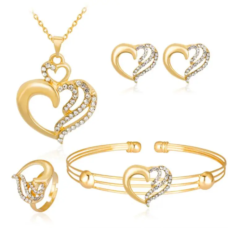 Fashion Austrian Crystal Love Heart Jewelry Sets for Women Necklace Earrings Bangle Ring Bridal Wedding Sets