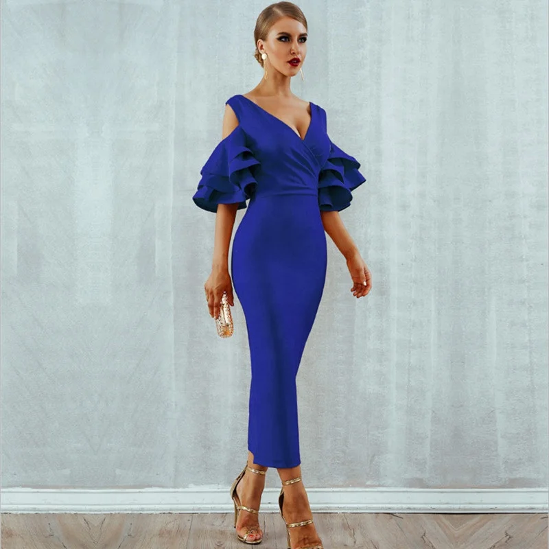 New Summer Women Club Dress  Celebrity Party Dress Yellow Red Ruffle Butterfly Short Sleeve Midi Club Dresses