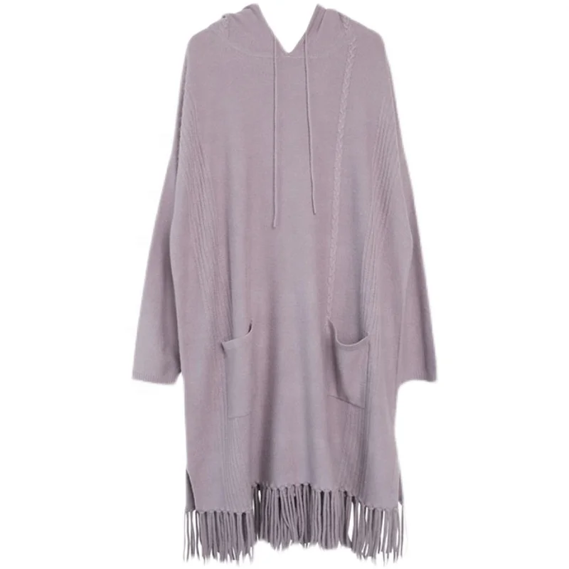 Women Casual Boho Sweater Long Sleeve Hooded Cashmere Merino Wool Dress Women With Tassels and Pockets