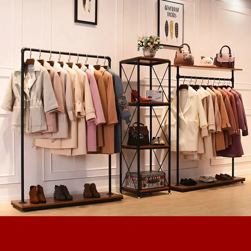 Iron Pipe Display Stand Racks For Clothing With One Wood Shelf Clothes Rack Hanger With Wheels