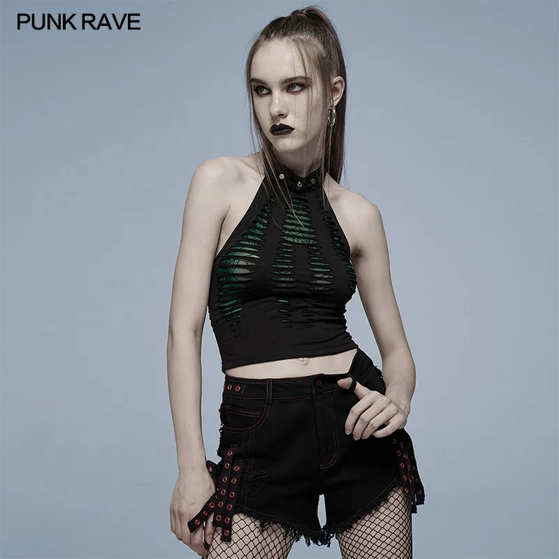 Punk Rave WT-712BXF Gothic knitted ragged woman tops off shoulder halter next sexy spring summer T-shirt woman crop top