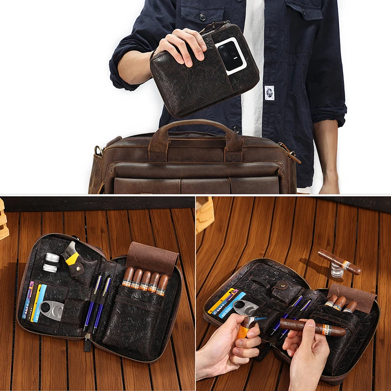 Custom Crazy Horse Leather Cigarette Case Genuine Leather Cigarette Cover With Pouch Lighter Holder for Gifts