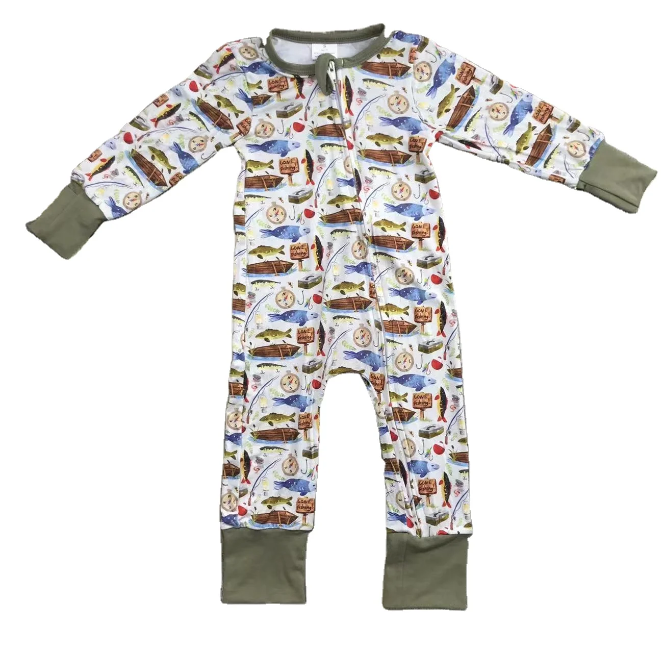 Bamboo fiber baby jumpsuit fishing boat printing green zipper jumpsuit wholesale clothing