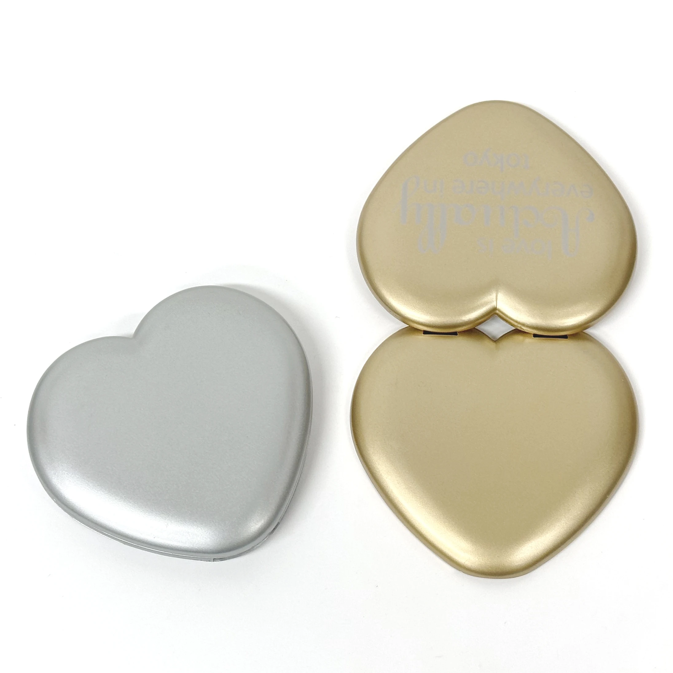 Customized Logo Matte Gold Heart Shape Compact Mirror OEM Double Sided Heart Makeup Mirror with  Logo Customization