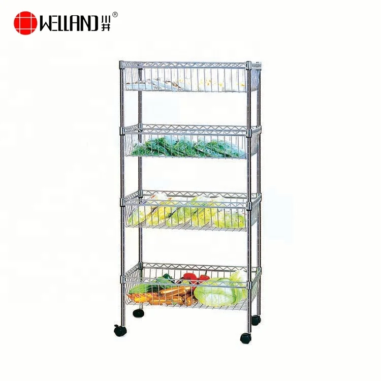 Металлический регулируемый 4 яруса хромированная Кухонный для фруктов и овощей, дисплей проволочных корзин в стойку с колесами