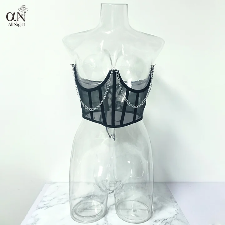 Custom Logo Metal Chain Black Open Chest Transparent Hollow Out Lace Stripper Outfits Underwire Bra Dancewear Exotic Corset Tops