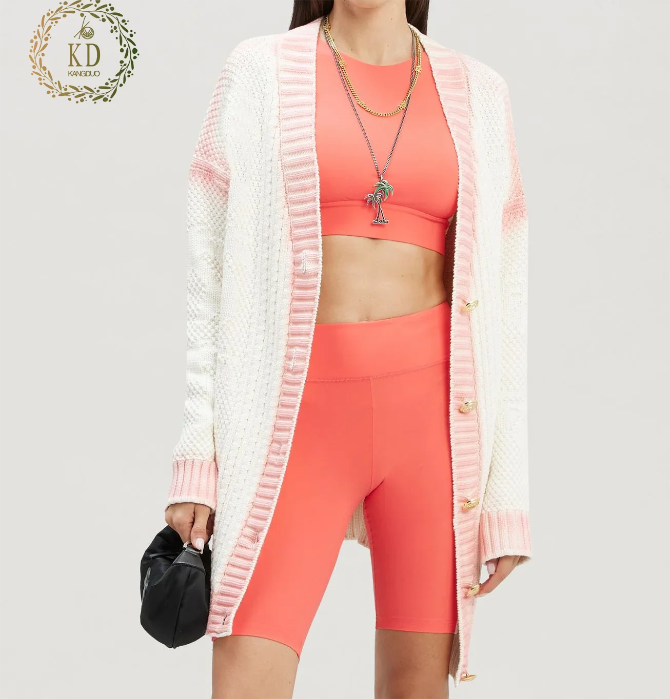 KD Knit Manufacturer Custom Designer Pattern Drop Shoulder Oversize Cable Spray Paint Neon Pink Sweater Cardigan