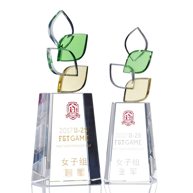 Creative Crystal Leaf Medal Custom Honor Certificate Excellent Teacher School Memorial Award Glass Plaque Crystal Trophy