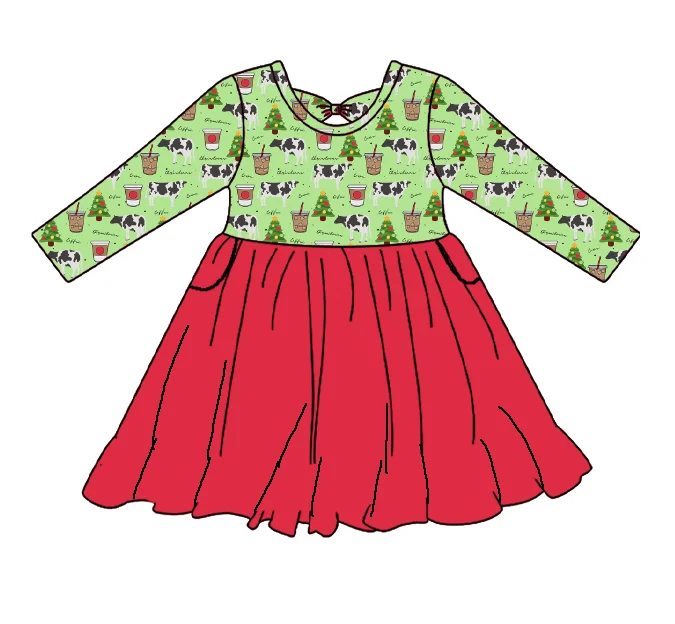 Newest Girls Clothing Custom Printed Bamboo Long Sleeve Knee Length One Piece Girls Cute Halloween Dresses