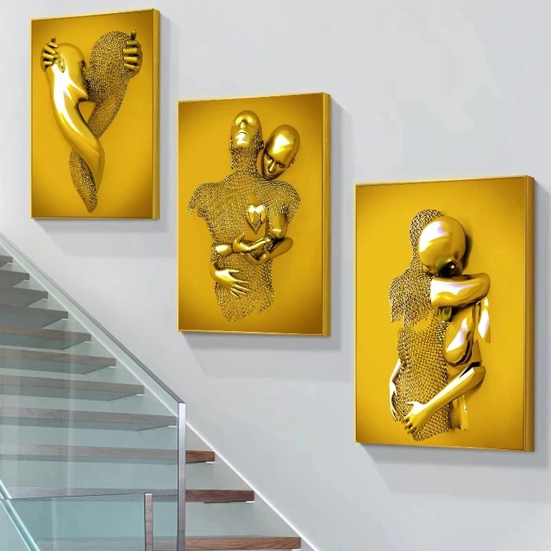 Modern Living Room Decor Golden Couple Lovers Metal Figure Statue Paintings Posters  Prints Pictures modern art statue
