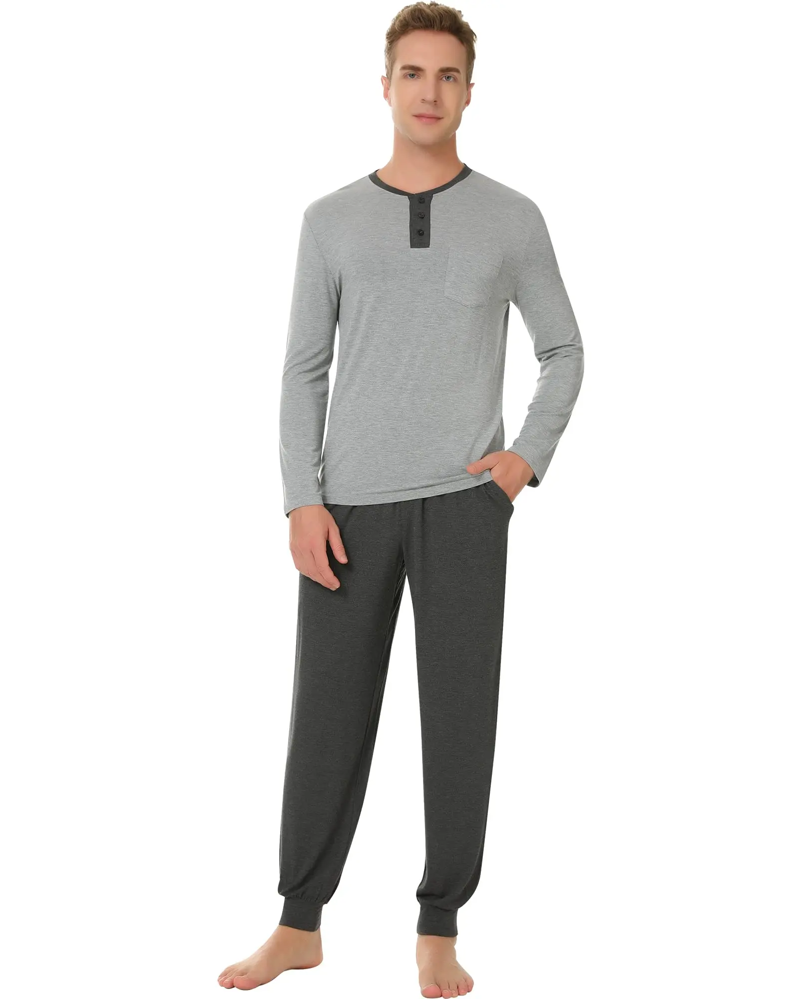Cotton Mens Pajamas Set Long Sleeve Henley Sleepwear Top Soft Jogger Pants Pajamas Cool Pj Set Bamboo Loungewear Set