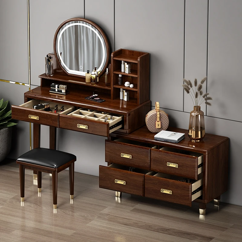 Makeup desk Modern LED Light mirror Luxury vanity Wooden Storage cabinet dressing Table Set Bedroom Furniture Dressers