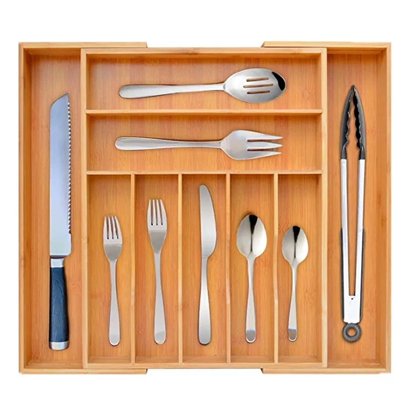 Bamboo Retractable Tableware storage Box Kitchen drawer knife and fork wooden box Bamboo and wood partition tray