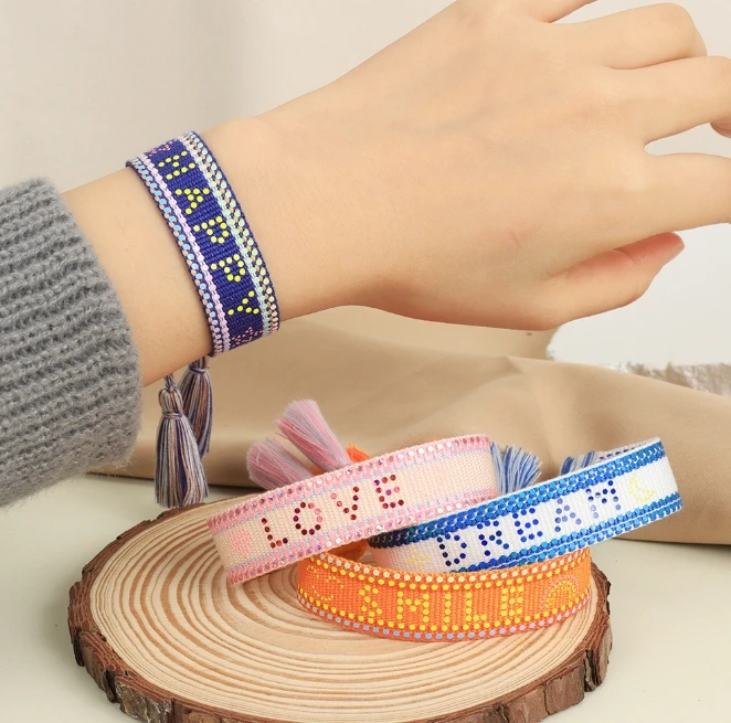 Custom Woven Bracelets Love Dream Happy Inspiring Jewelry Friendship Fabric Knitted Embroidered Bracelets