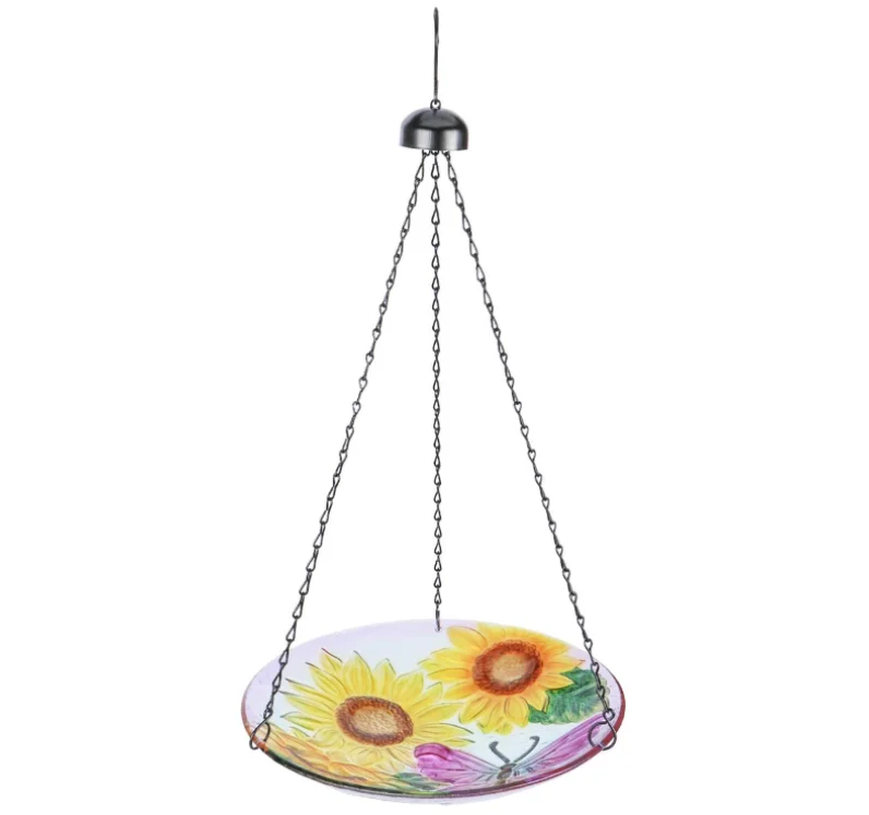 OEM customized 11-inch Hanging Bird Bath for Outdoors Glass Bird Bath Bird Feeder for Garden Decoration Bee and Flower Pattern