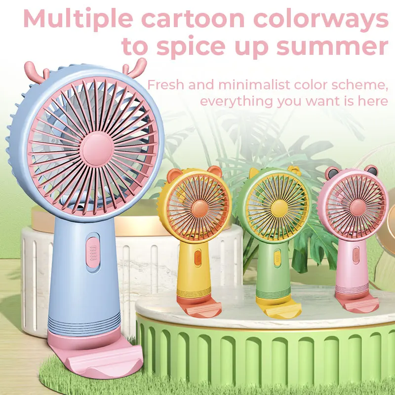 Handheld Rechargeable Mini Charger Fan with Mobile Phone Holder Cute Table Application for Hotels Garages Air Cooling Function