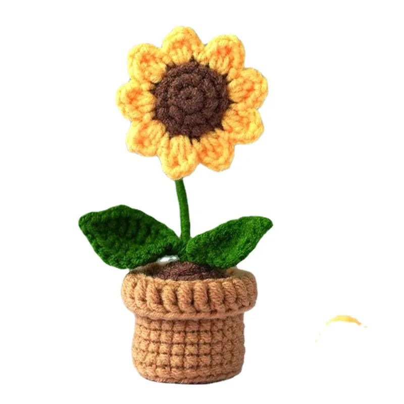 Christmas Valentines Day Gift DIY Crochet Fower Potted Handmade Mini Flowerpot Rose Flowers Crochet Tulips Knitted Flowers