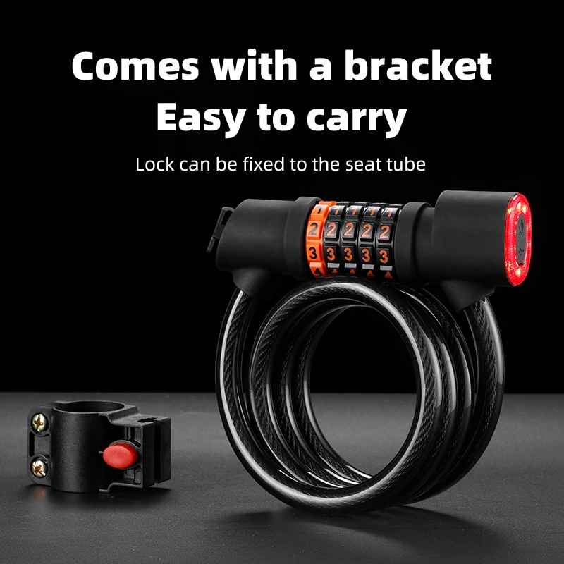 1.2M Anti-theft Bike Cable Lock 5 Digit Combination Password Bicycle Lock With LED Tail Light