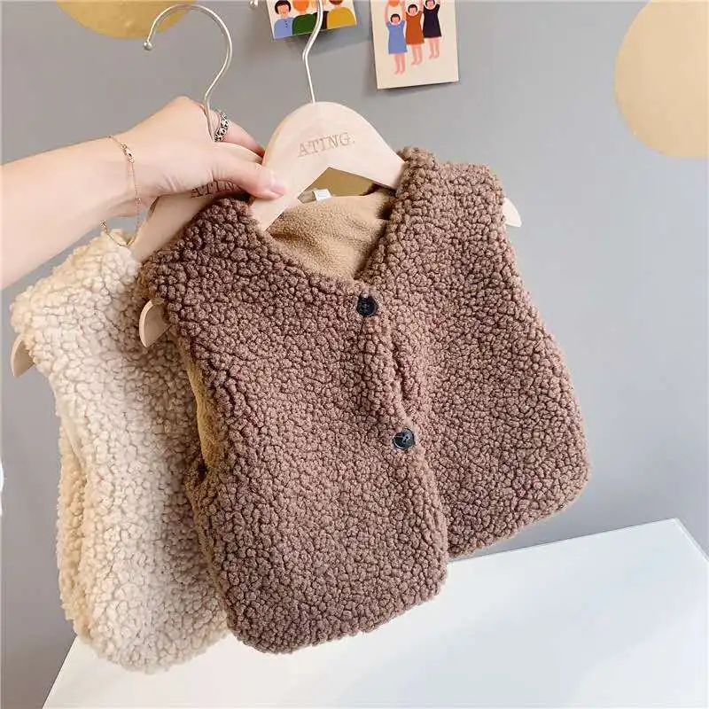 Winter sweet pure color warm joket baby clothes 0-2 years old cardigan lambs wool vest coat