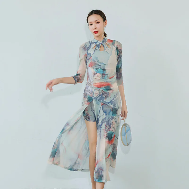 Wholesale New Chinoiserie colored ink wash high split Oriental belly dance performance cheongsam dress