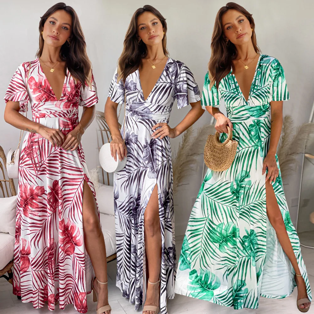 2022 New Arrivals Sexy Slit V Neck Floral Print Beach Maxi Dresses Sundress Boho Casual Dress For Ladies Clothes