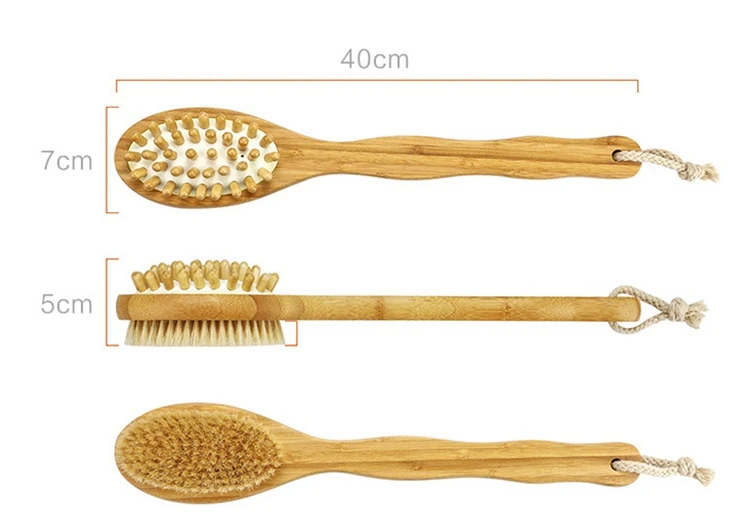 Dry Body Shower Brush Wood Back Exfoliating Scrubber with Soft Stiff Bristles Brush Both Side Massage&Scrub Wet Dry Bath Brush
