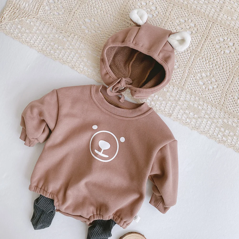 rts Baby Fleece Bear Clothes 2020 Late Autumn boys girls Baby Cartoon Triangle Romper with hat