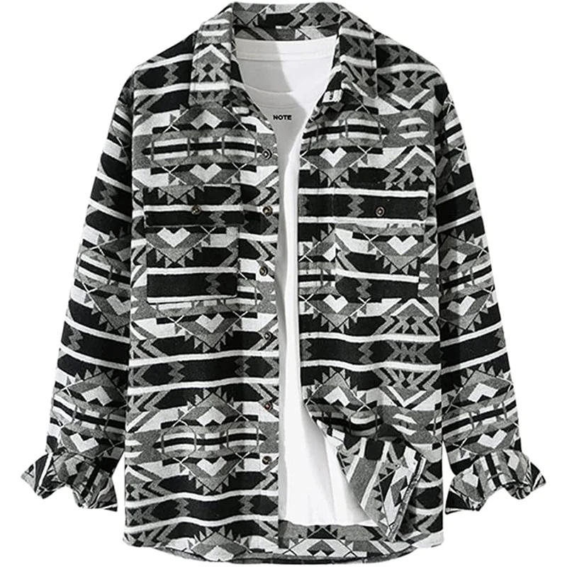 Men Brushed Flannel Shirts Ethnic Aztec Print Button Up Lapel Thick Full Sleeve Plain Dyed Custom Flannel Shirt For Men