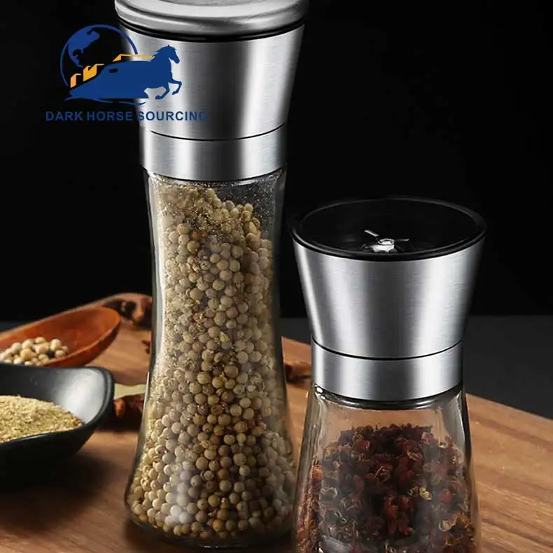 Best selling adjustable particle size 304 stainless steel manual spice grinder pepper mill glass bottle set