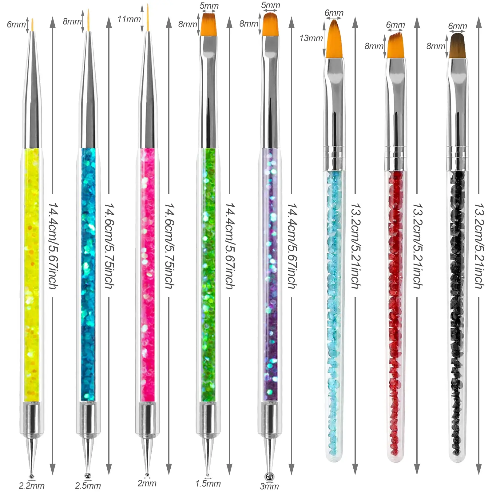 8PCS Function Nail Liner Brush Double Ended Nail Art Pen With Glitter Handle DIY Nail Art Designs Dot Pen Tools for Women Girls