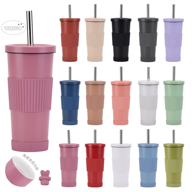 2024 new 710ml stainless steel straw tumbler women ceramic liner milk tea tumbler non-slip portable straw insulation tumbler