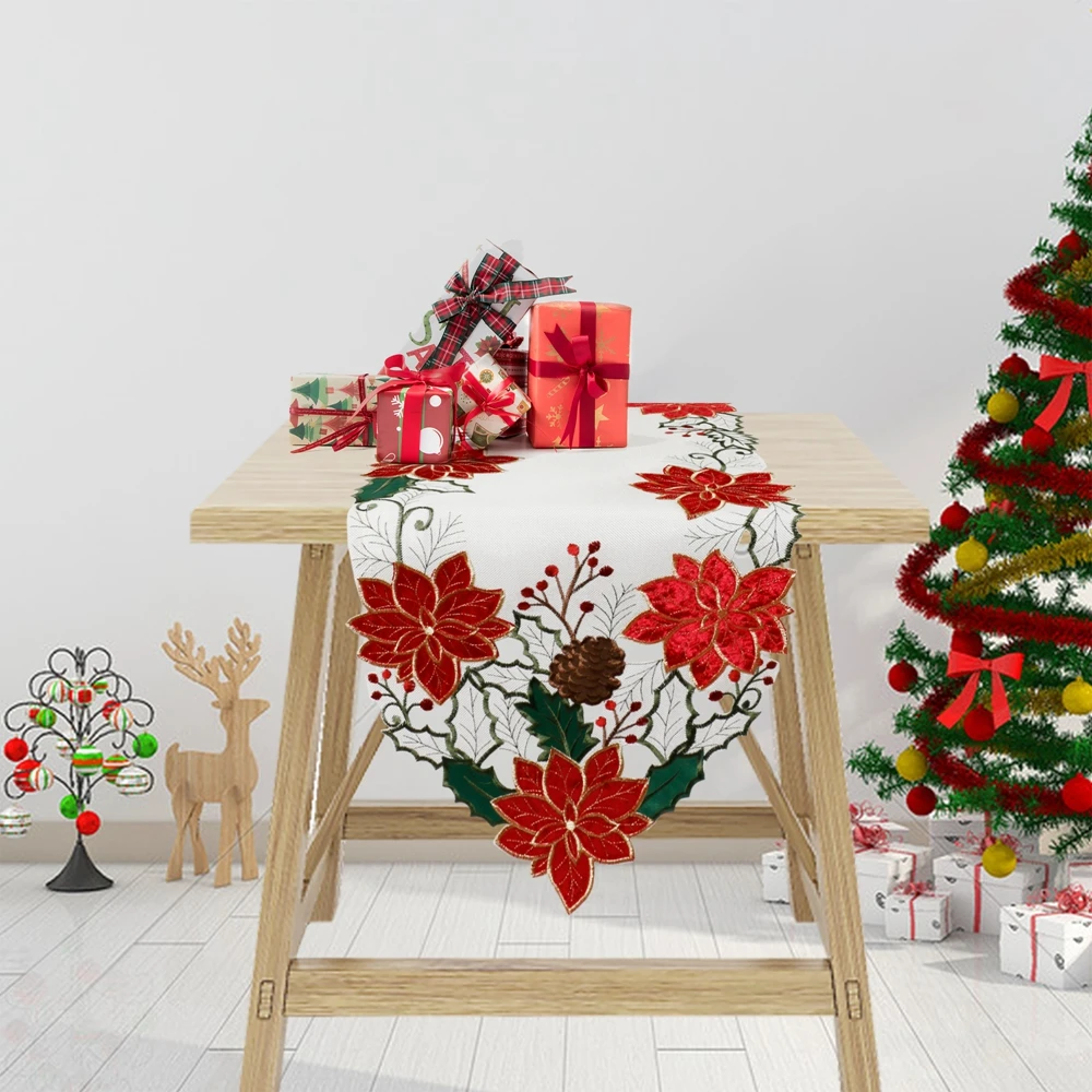 OWENIE Christmas Red Poinsettia Embroidered Applique Velvet Flower Custom Table Runner With Place Mats For Dinner Table