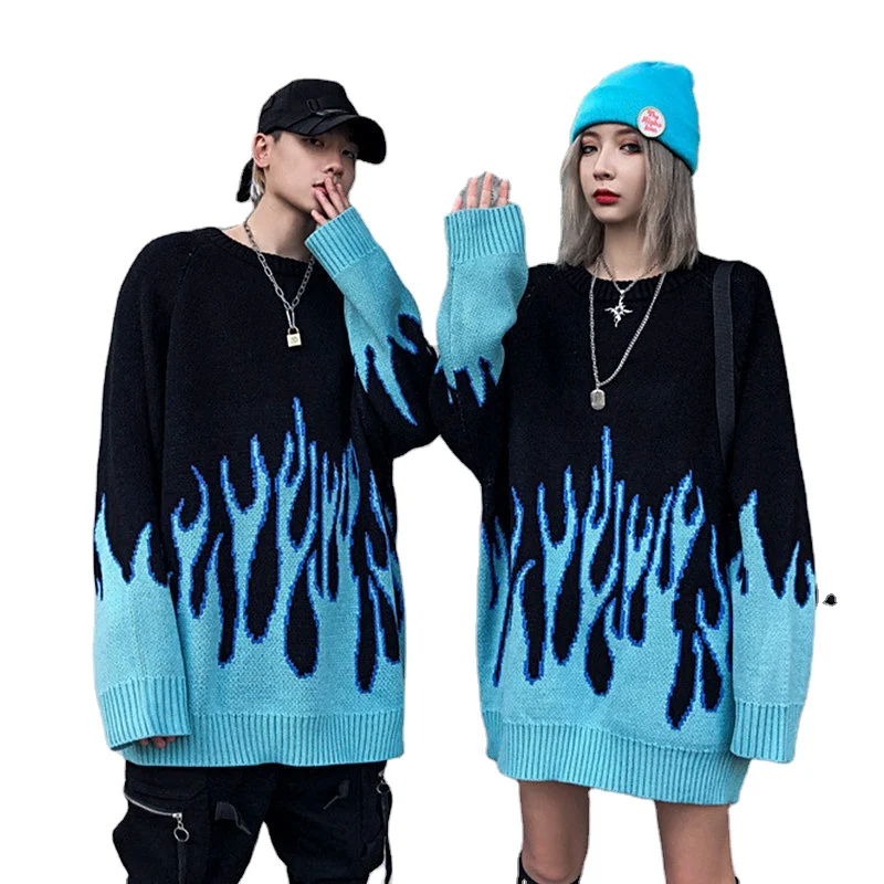 Wholesale blue fire couple harajuku streetwear knit pullover harajuku sweater hip hop