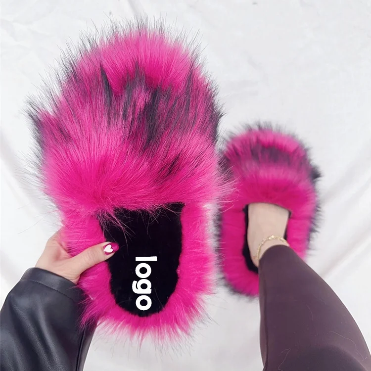 2024 Hot Selling Fashionable Plush Slides fuzzy Soft sole Faux Raccoon fur Ladies Fluffy Fur Slippers For Women