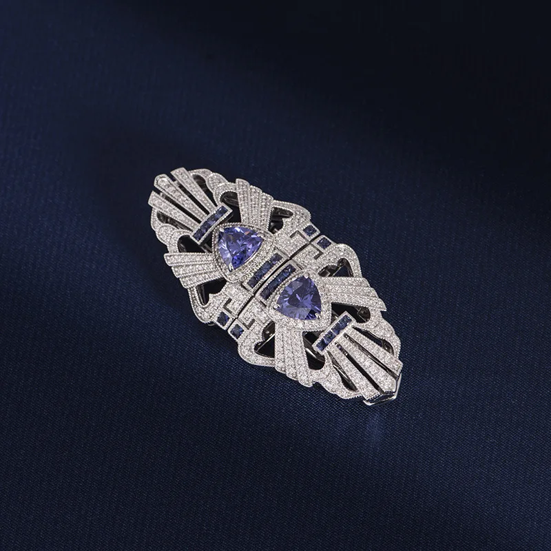 2023 New Sapphire Blue Vintage Silk Scarf Buckle Collar Clip 925 Sterling Silver double clip 2 in 1 brooch