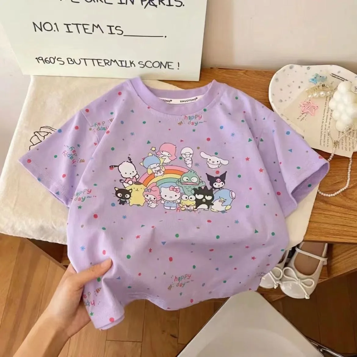 Милая 2024 летняя новая футболка sanrioed с круглым вырезом kawaii аниме Мелодия куломи Модная хлопковая Повседневная Детская кофта коротким рукавом