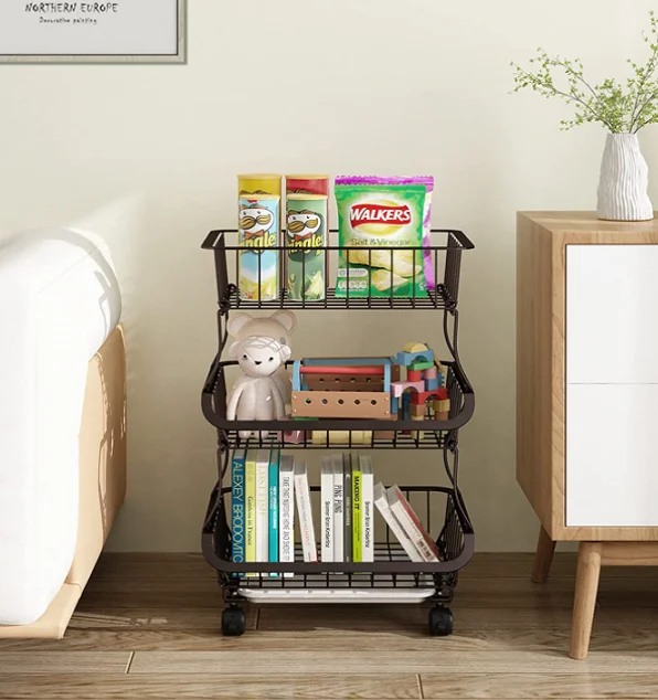 3 Tier Stackable Wire Storage Baskets Fruit Storage Cart with Wheels Tier Vegetable Basket Bins Rack for Kitchen Bathroom Basket
