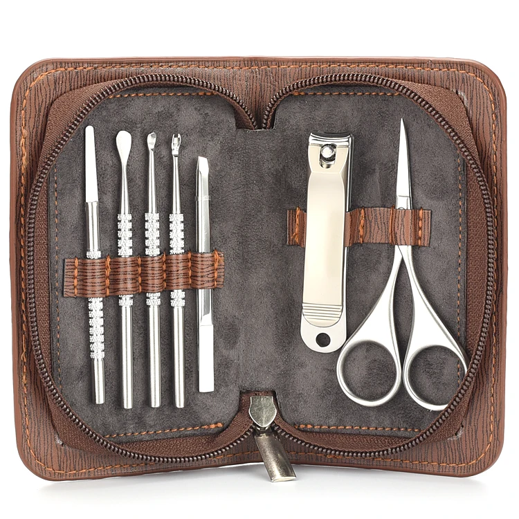7 In 1 Luxury Stainless Steel Nail Clipper Tools Grooming kit Manicure Pedicure Set with Leather Travel Case