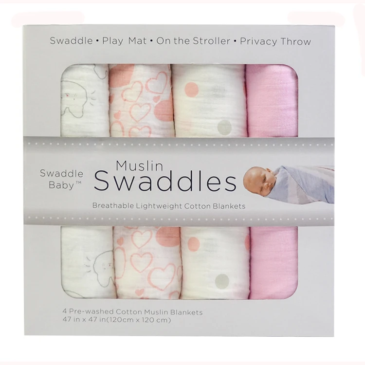 Extra Large 120 x 120cm Pack of 4 Unisex Designs Premium 100% Cotton Muslin Swaddle Blankets