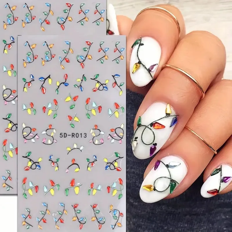 5D Christmas Neon Light Embossed Nail Art Decals Xmas Colorful 3D DIY Plastic Nail Stickers/Decals