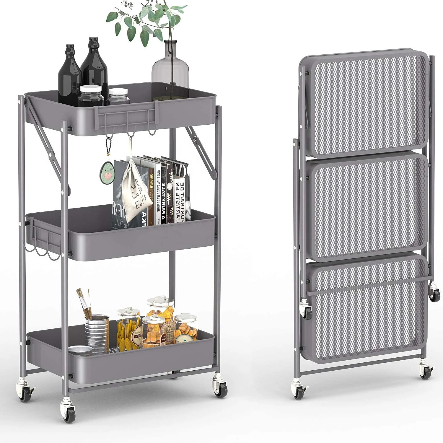 Folding Rolling Utility 3 tier storage cart with wheels for laundry garden book storage