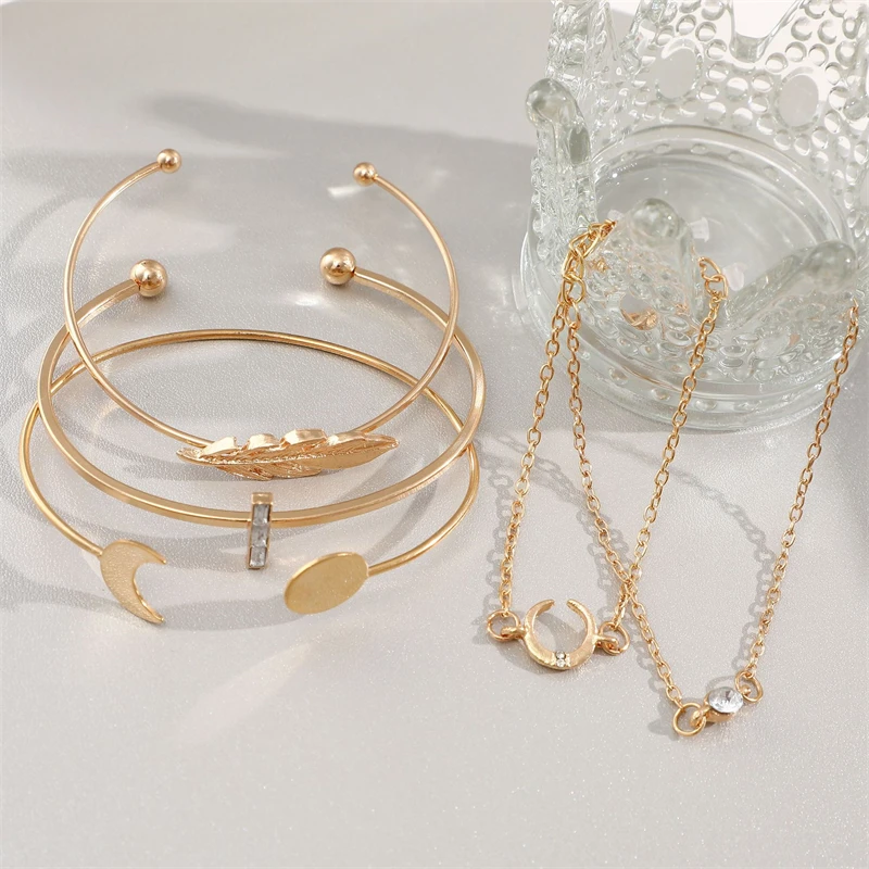 Fashion Rose Gold Silver Plated Jewelry Twist Diamond Layered Open Crystal Sun Moon Leaf Bracelet For Women