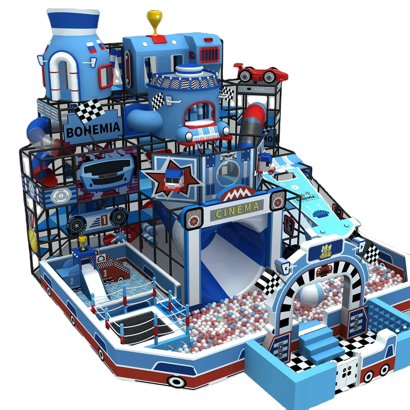 Newly popular space-themed, airplane-inspired indoor playground with a maze, games, and soft play equipment for children